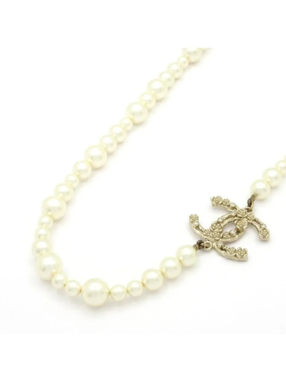 Chanel Necklace CC Logo Ivory Gold Clear Camellia